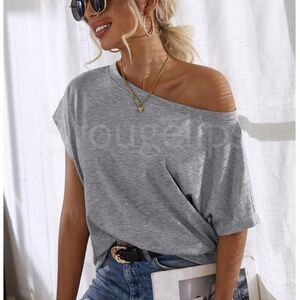 Boat Neck Batwing Sleeve Grey Tee Shirt Short Sleeve